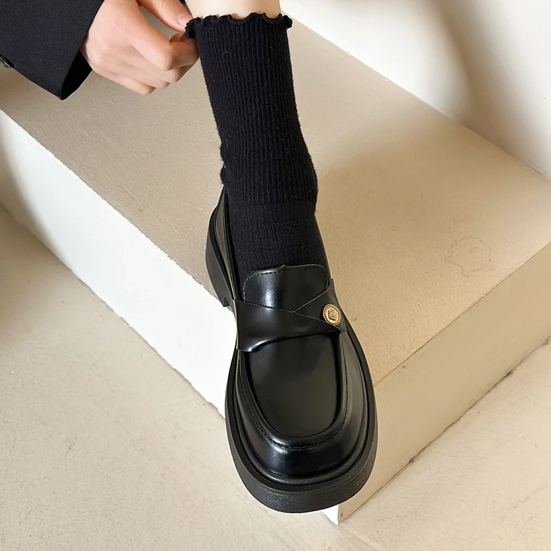 一脚蹬乐福鞋女厚底2024年新款秋鞋增高复古法式学院小皮鞋女英伦