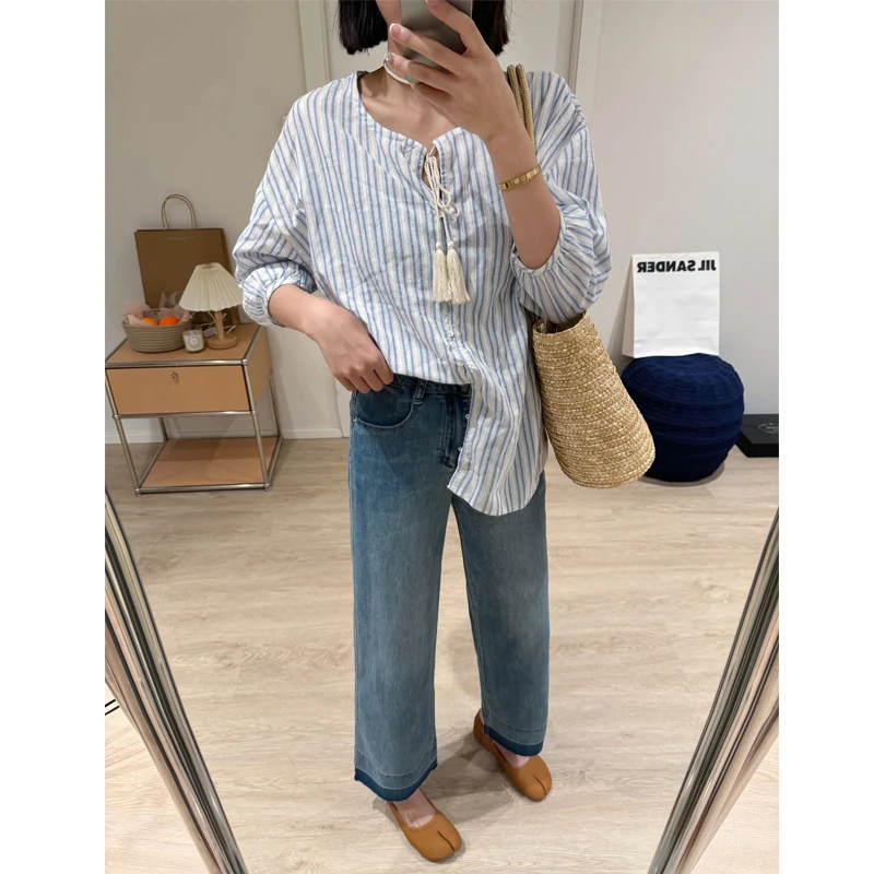 腿粗必备~早秋高腰垂感直筒牛仔裤2024设计感百搭九分阔腿奶奶裤