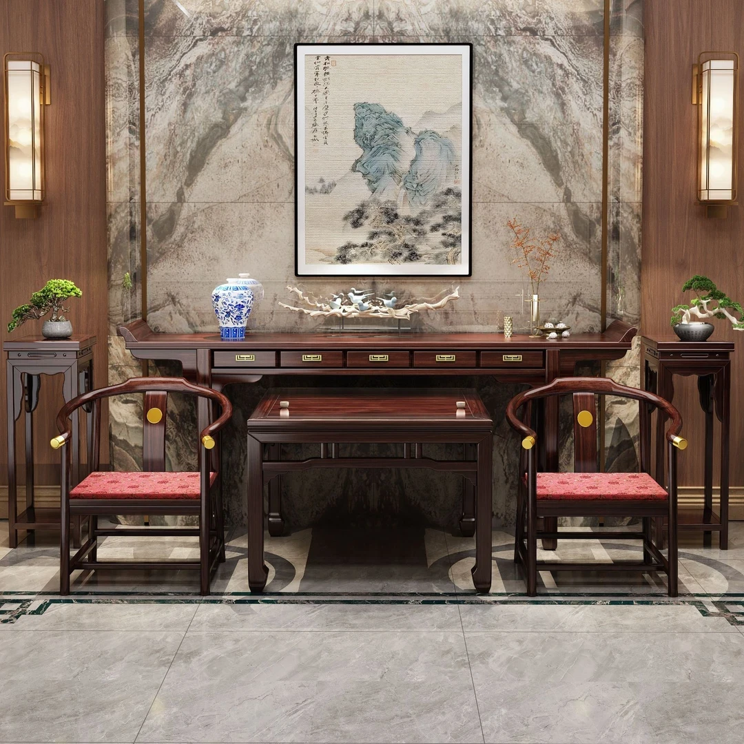 新中式乌金木中堂六件套八仙桌农村自建房供桌别墅堂屋实木条案