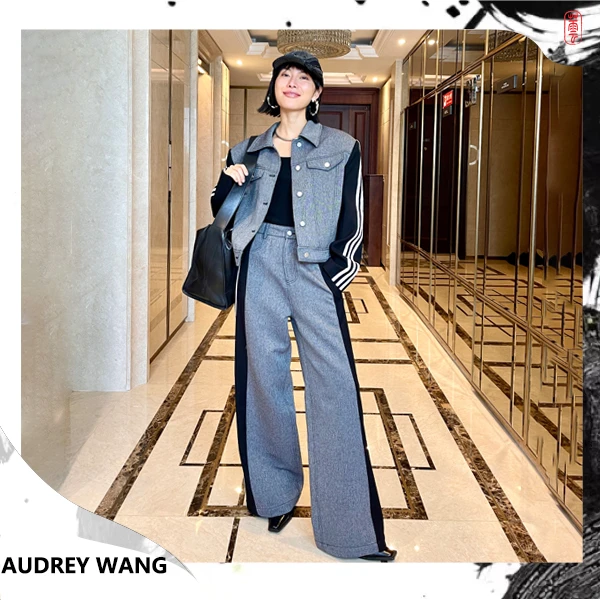 无品牌撞色拼接休闲夹克阔腿裤套装9077