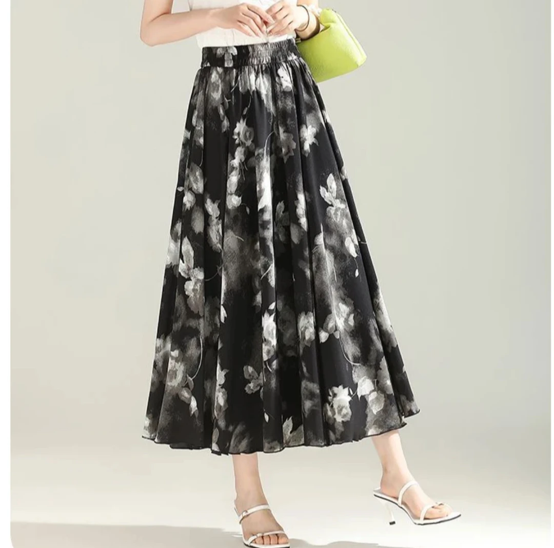 女装半身裙碎花长裙高腰半裙印花气质百搭显瘦夏季（裙长83厘米）
