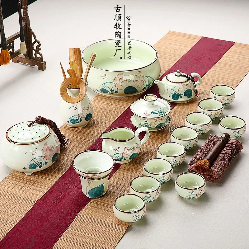 家用手绘青瓷茶具荷花功夫陶瓷套装整套青花瓷白瓷茶杯茶具