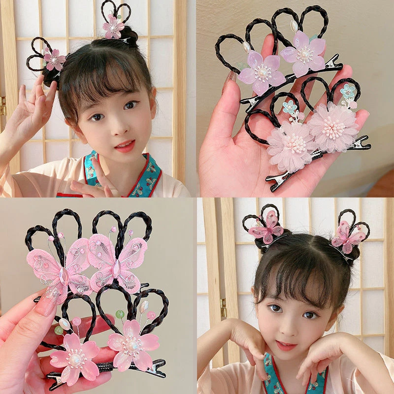 儿童汉服发饰女童蝴蝶结发夹头饰立体花朵假发古风古装公主发卡