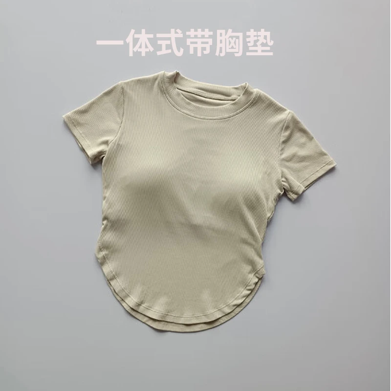 瑜伽服短袖带胸垫螺纹修身跑步速干T恤肚兜款开叉腰运动上衣女