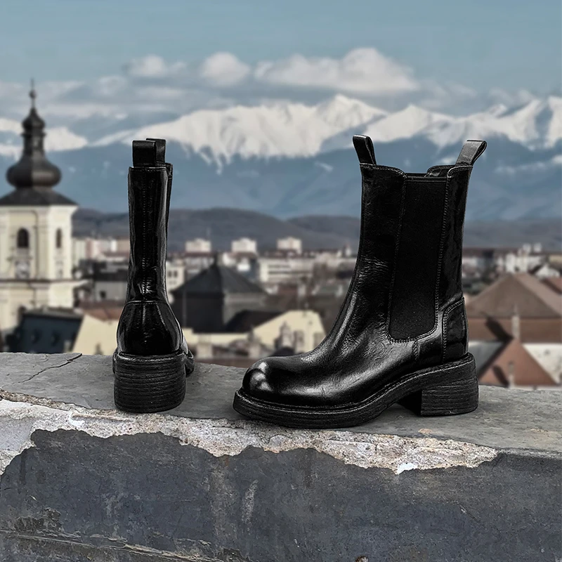 复古水洗马皮切尔西靴女中跟真皮中筒靴圆头百搭烟筒靴