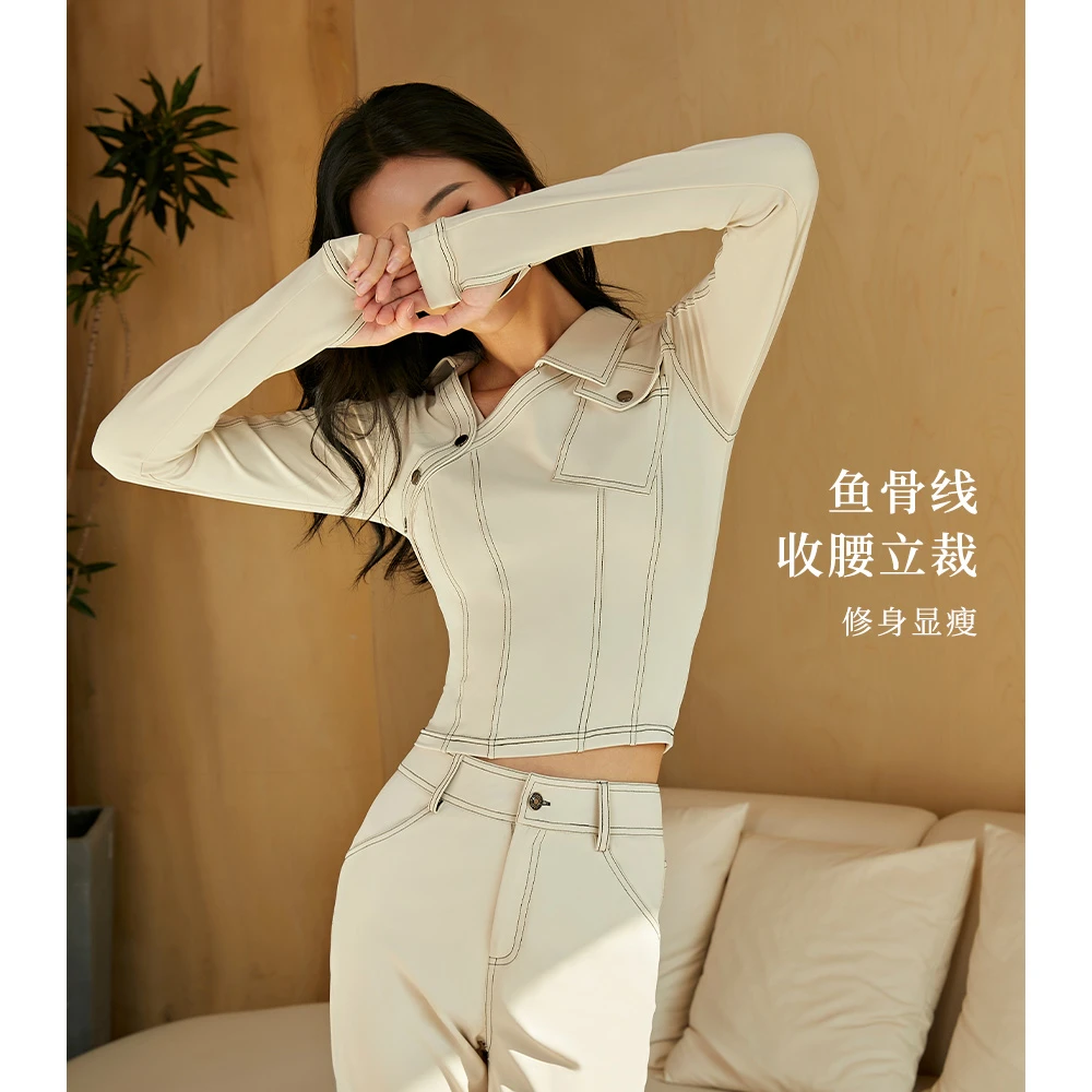La Nikar翻领长袖健身衣女短款修身跑步休闲户外机车服上衣S1073