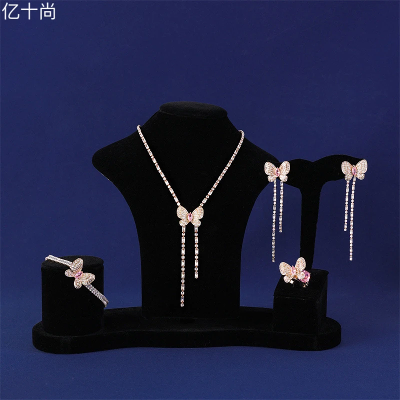 合金合成锆石吊坠  亿十尚马眼蝴蝶流苏高档项链耳环套洋气仙美T