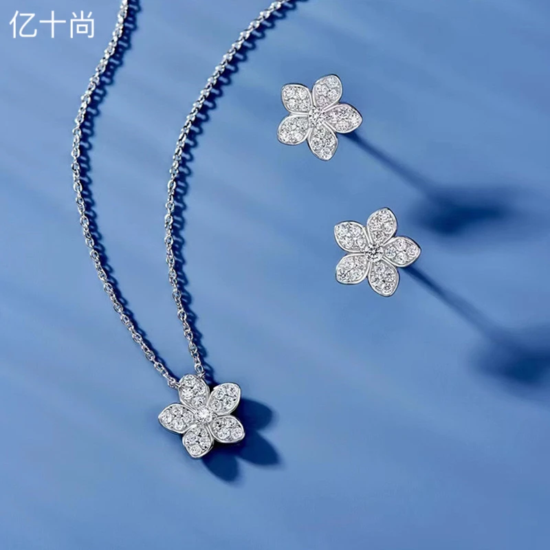 坠链均925银合成锆石 亿十尚小花朵白赚高档项链耳钉轻奢时尚简约
