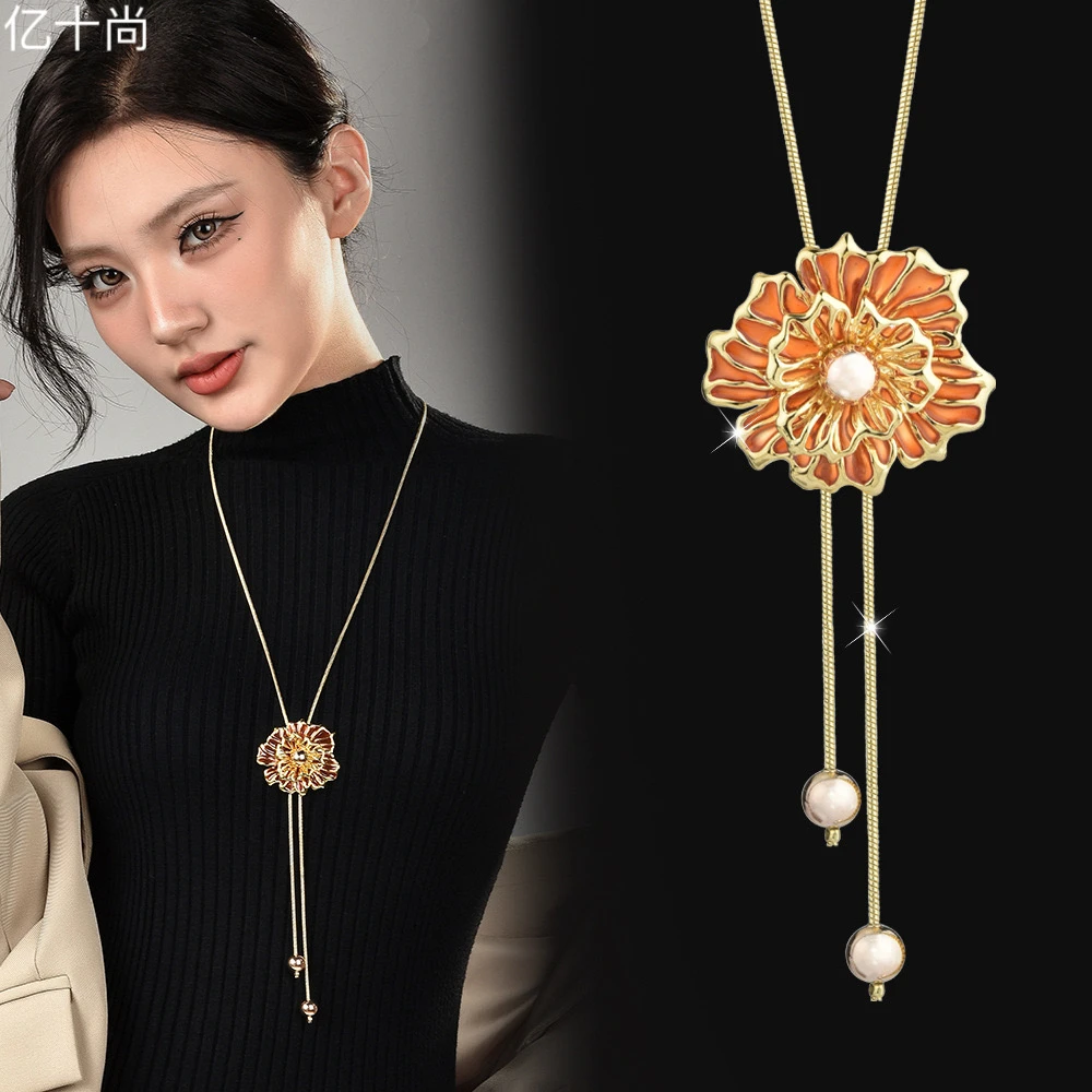 合金合成锆石项链 亿十尚牡丹花流苏珠项链长款毛衣链气质洋气美C