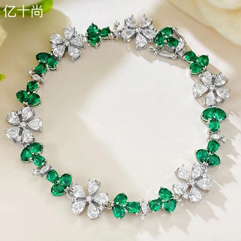 925银合成锆石手链 亿十尚花朵三叶祖绿高档手链轻奢高贵简约大气