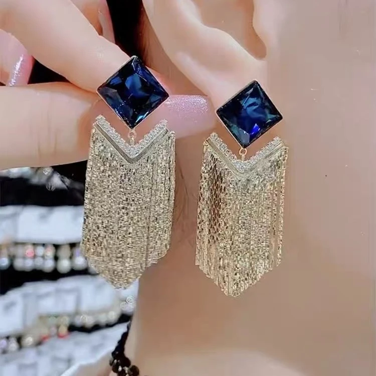 925银仿水晶耳饰  亿十尚蓝赚流苏高档耳环耳钉轻奢时尚气质洋气Y