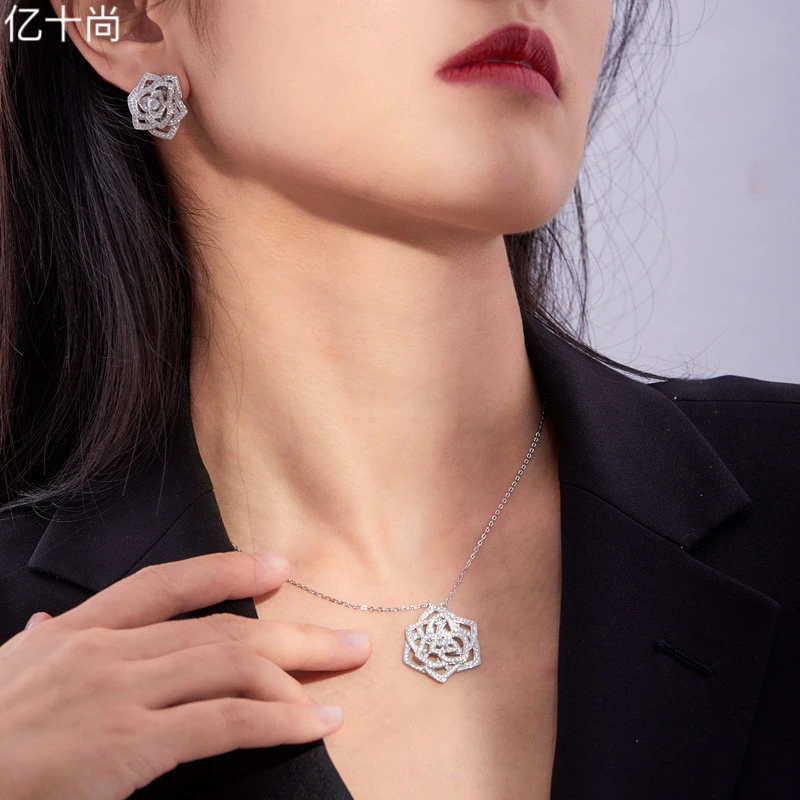 坠链均925银合成锆石 亿十尚玫瑰花高档项链耳钉轻奢时尚气质洋气