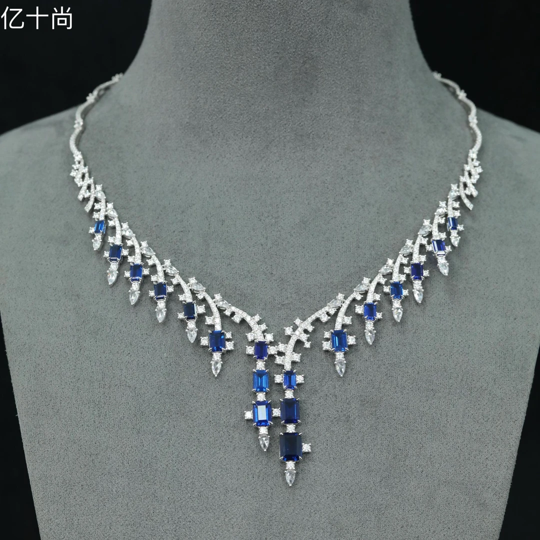 坠链均925银合成锆石 亿十尚满天星长方柳形皇家蓝高档项链轻奢美