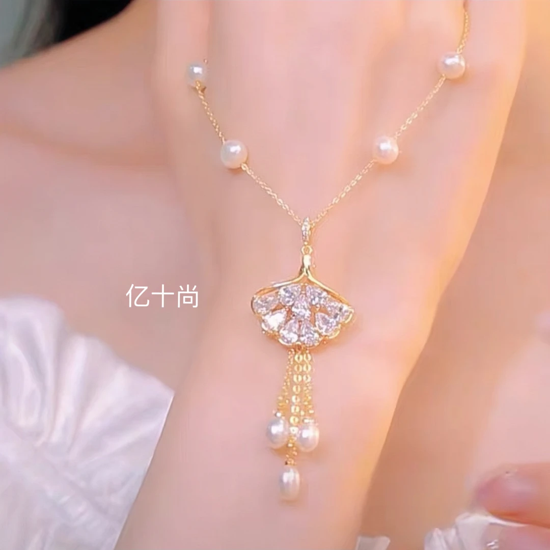 合金合成锆石项链 舞动青春扇形银杏叶项链耳环轻奢时尚HJ100021