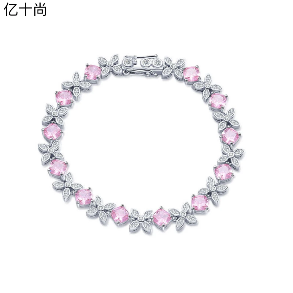 925银合成锆石手链 亿十尚蝴蝶花方粉色高档手链轻奢时尚简约大气