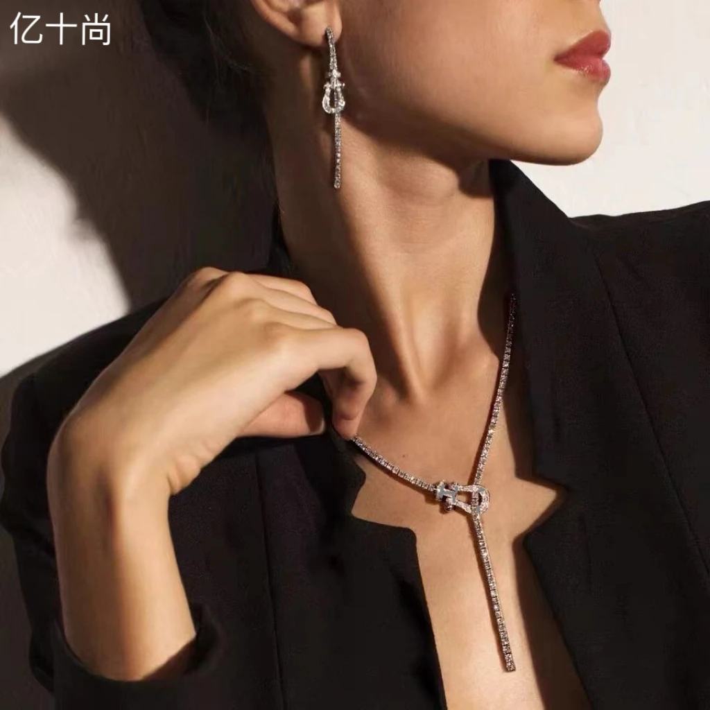 坠链均925银合成锆石 亿十尚马蹄高档项链耳环轻奢时尚简约经典美