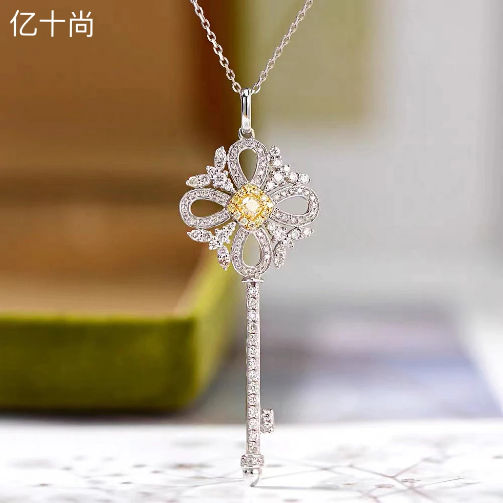 坠链均925银合成锆石 亿十尚花朵钥匙黄赚高档项链轻奢时尚气质美