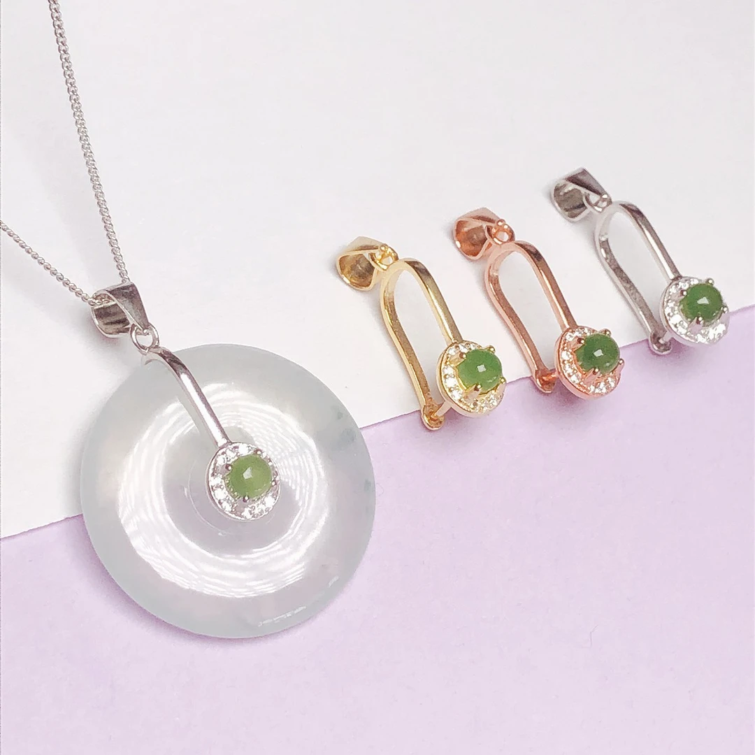 925银银制品 时尚镶嵌平安扣扣头镀18k金吊坠夹扣项坠挂件银卡扣