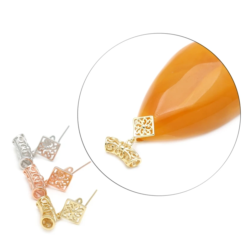 925银银制品 水滴款玉吊坠扣前后玉夹扣镀18K金DIY配件扣连接扣头