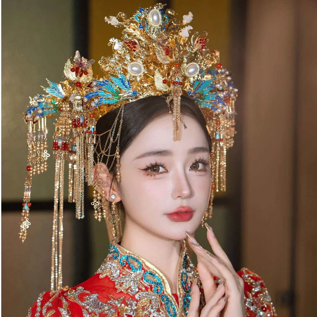 15239奢华重工中式婚礼新娘头饰凤冠眉心坠秀禾古风汉服新娘头饰