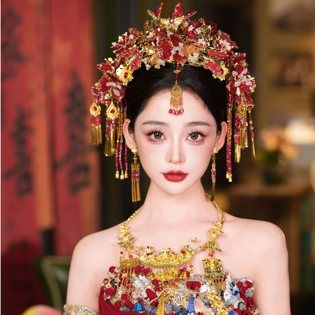 Z8133中式婚礼手工花朵凤冠汉服头饰复古传统新娘秀禾古装发饰品