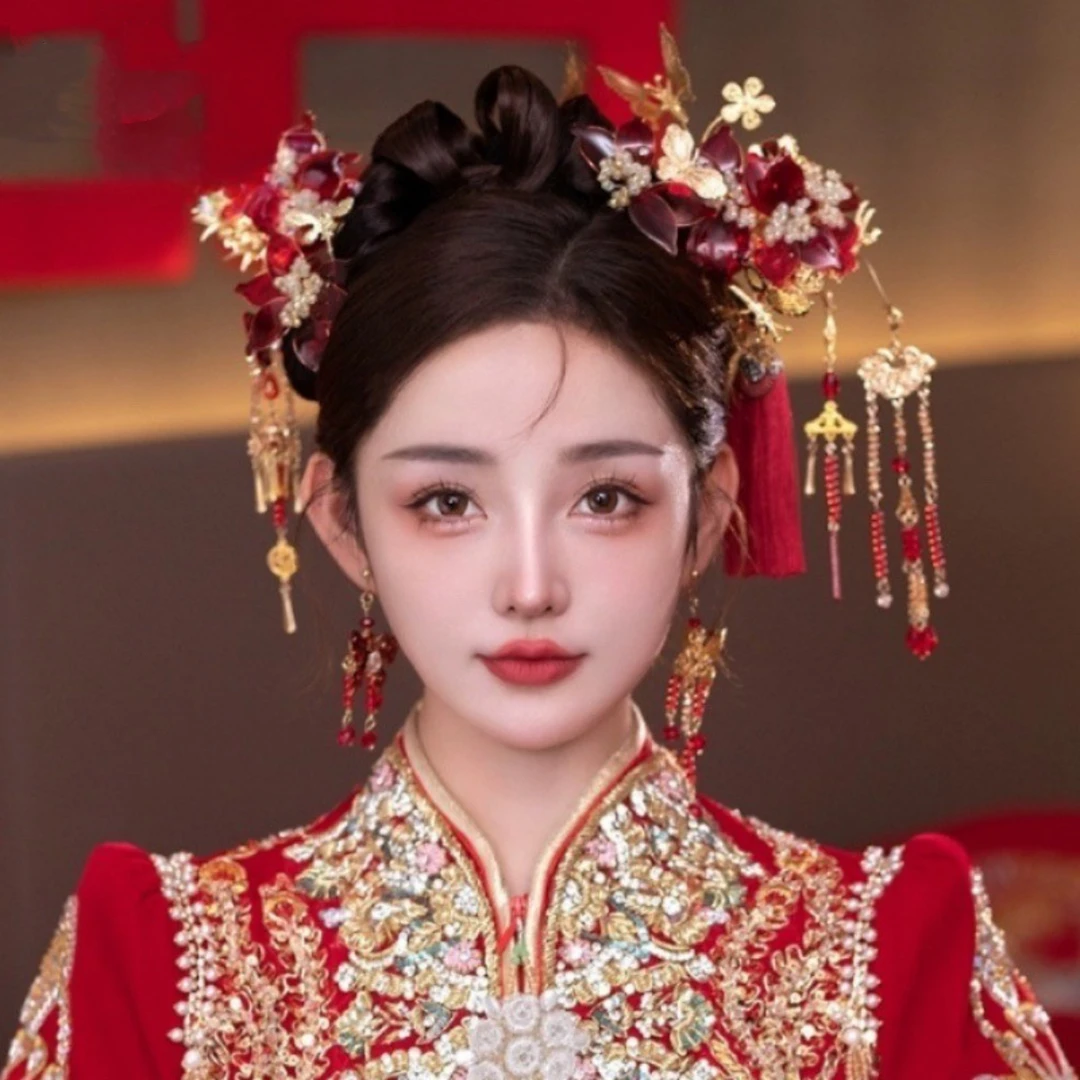 8335婚嫁饰品新款新中式甜美车厘子色减龄秀禾古典汉服步摇新款