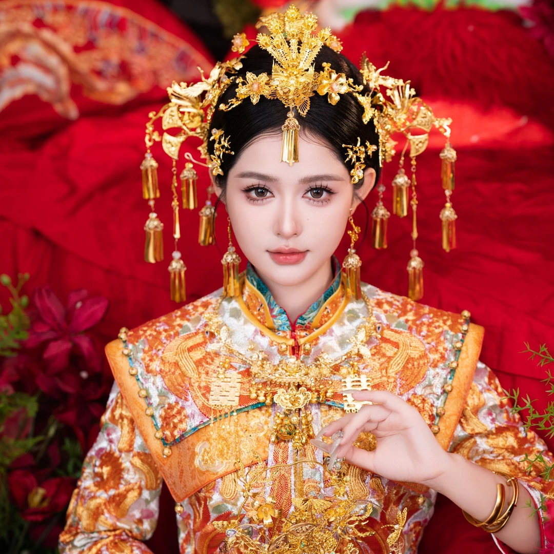 Z8050中式婚礼手工凤簪工作汉服秀禾龙凤褂古风新娘金色结婚头饰