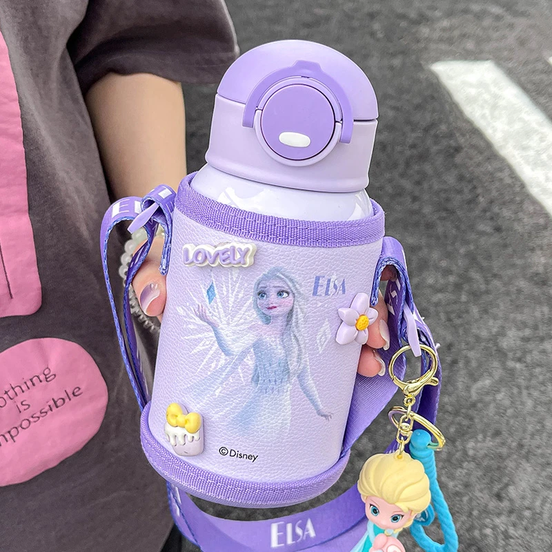 迪士尼保温杯艾莎公主户外水杯女生便携儿童上学专用可爱吸管杯子