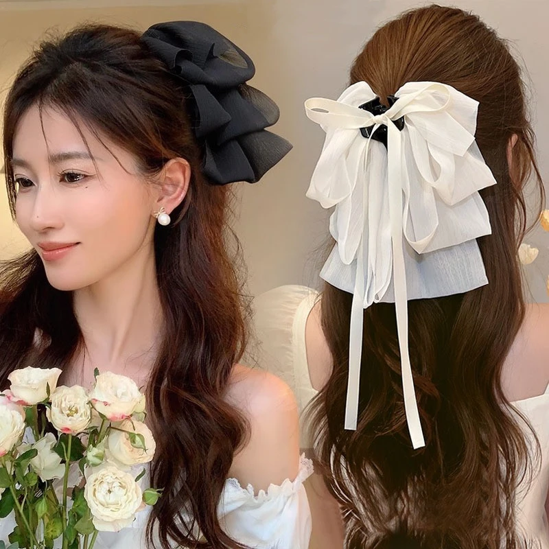非金属布艺发饰 法式气质森系超仙发夹雪纺抓夹后脑勺发饰显脸小