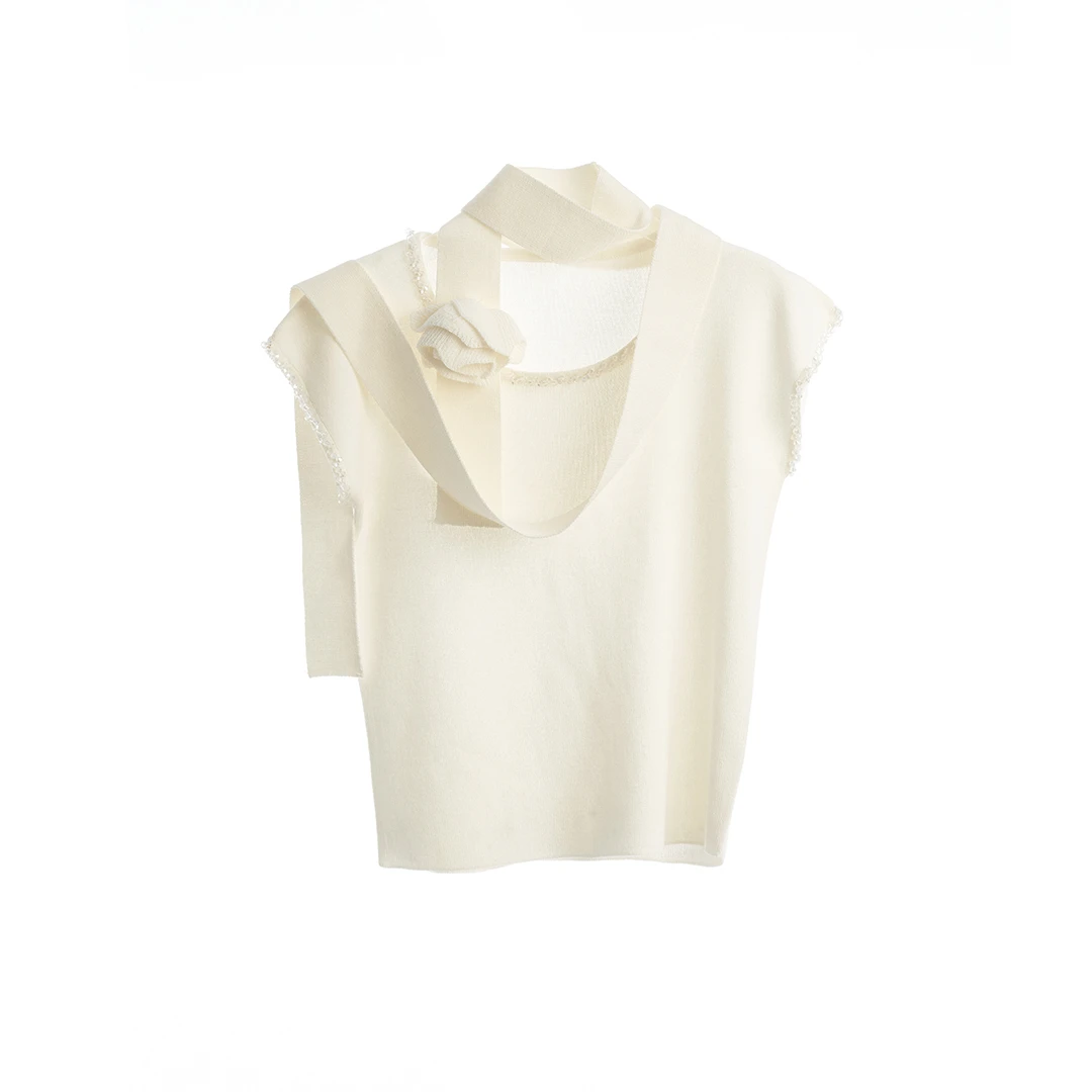 夏羽墨女童春夏新款白色气质无袖T恤轻奢时尚简约飘带设计师上衣