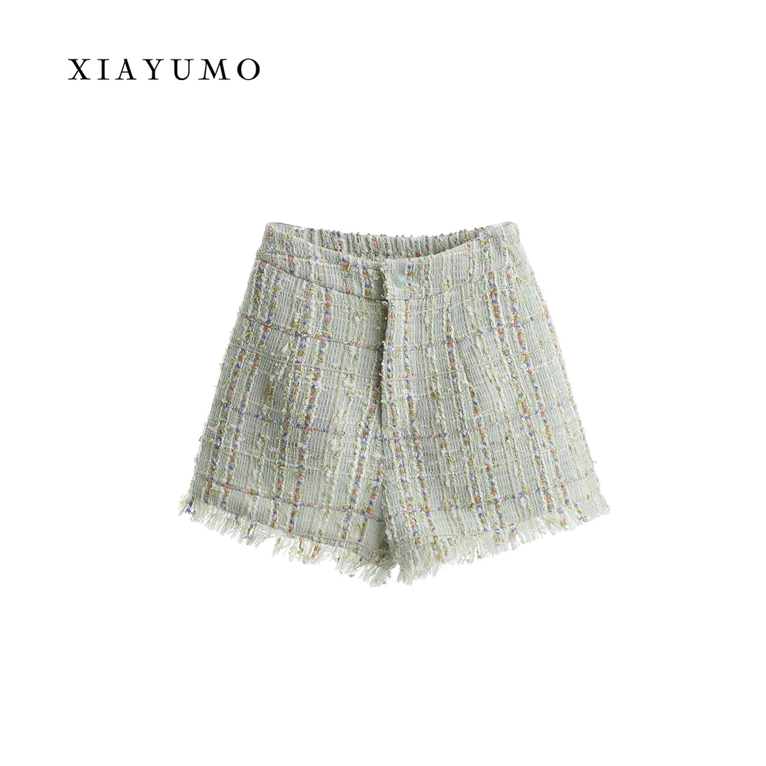 夏羽墨女童春秋新款绿色百搭高腰不规则短裤修身小香裤子时尚休闲