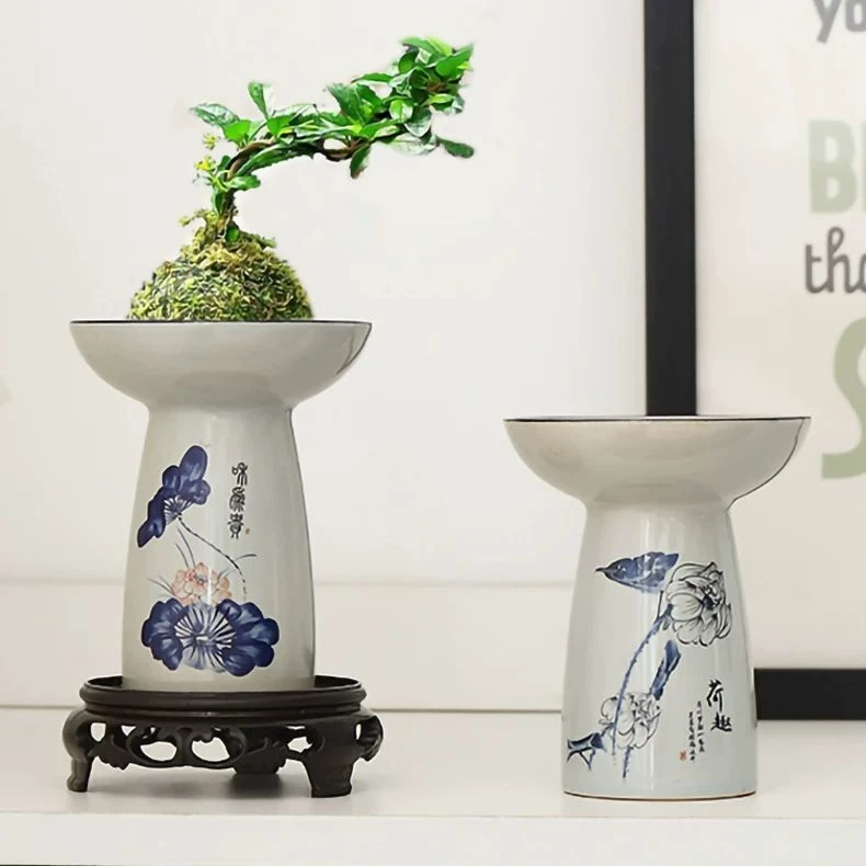 苔藓球专用青花陶瓷花盆中式桌面摆件水培无孔米竹巴西木器皿盆托