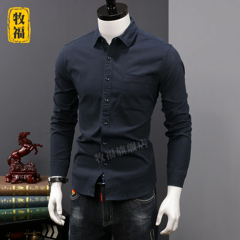 春秋季衬衫男长袖宽松大码全棉高级感纯色衬衣复古休闲港风外套潮