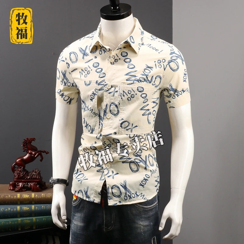 高级感衬衫男短袖夏季纯棉港风痞帅花衬衣宽松休闲日系工装上衣潮