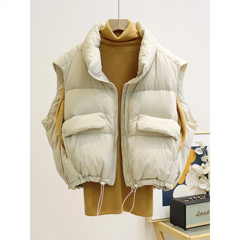 欧洲站立领短款时尚马甲女冬白鸭绒设计感宽松保暖百搭小个子背心