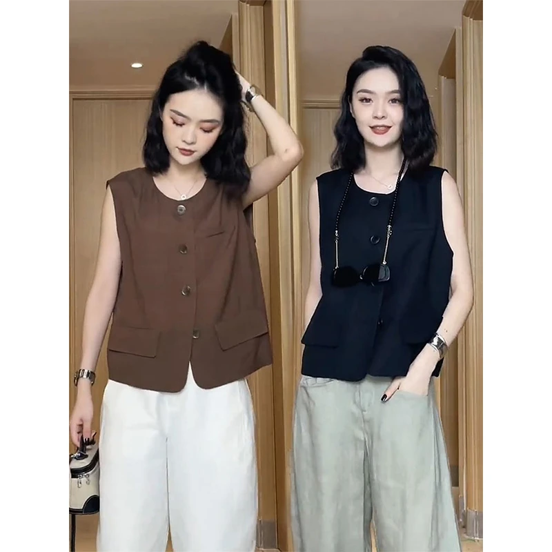 韩版显瘦文艺风马甲女夏季宽松纯色无袖时尚百搭短款马夹叠穿上衣