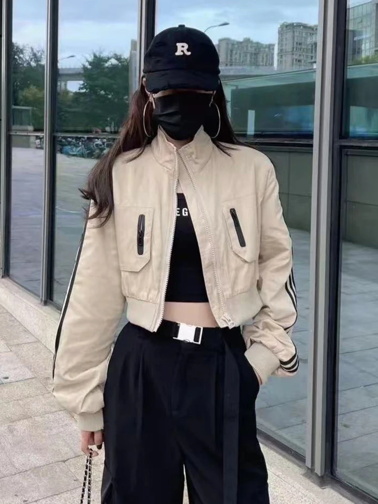 2024欧货新款时髦机车杠条短外套女秋韩版宽松百搭棒球服夹克上衣