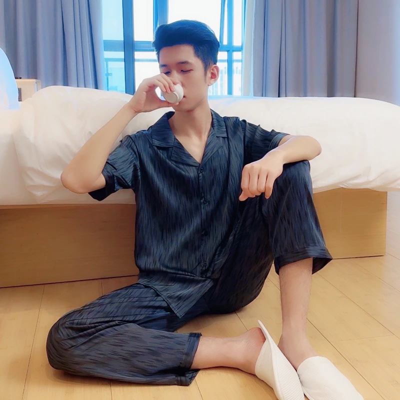 冰丝睡衣男夏季短袖袖短裤薄款男款可外穿家居服套装简约青年