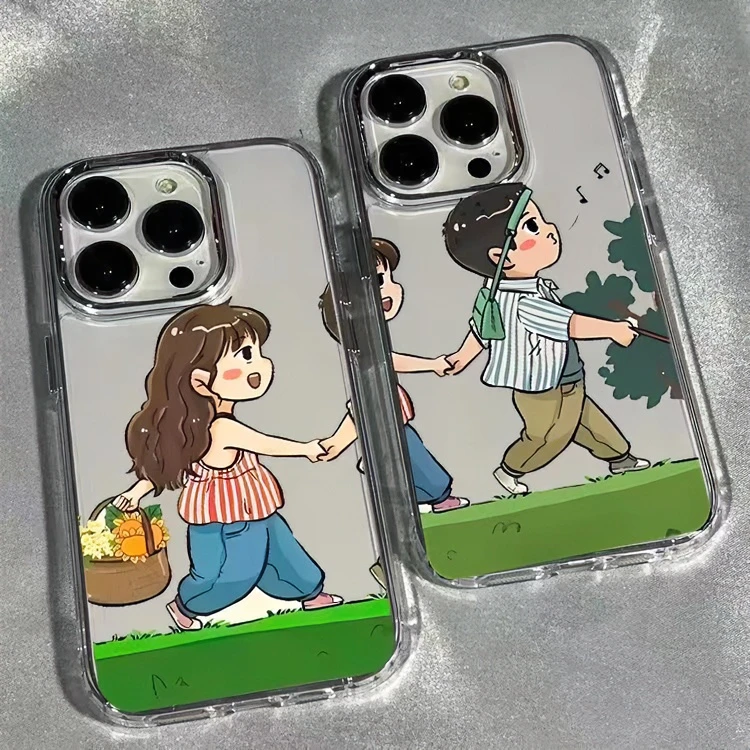 牵手男孩女孩情侣手机壳适用iPhone14/15透明电镀苹果13/12/11软x