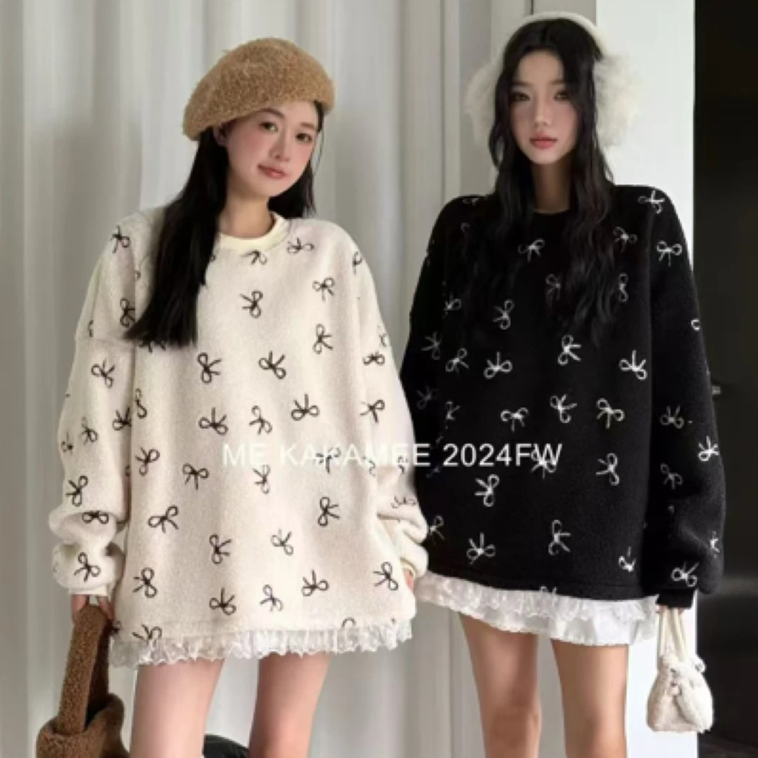 新款小清新羊羔毛蕾丝边宽松卫衣