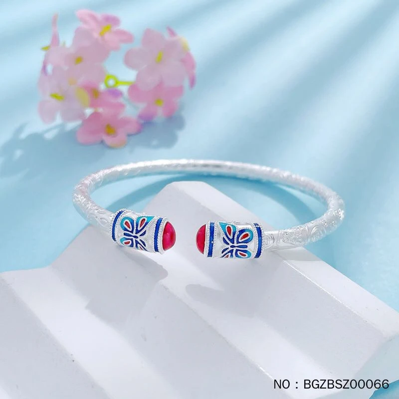 足银手镯 足银999实心守住蝴蝶纹吉言圆管开口时尚复古纯银手镯