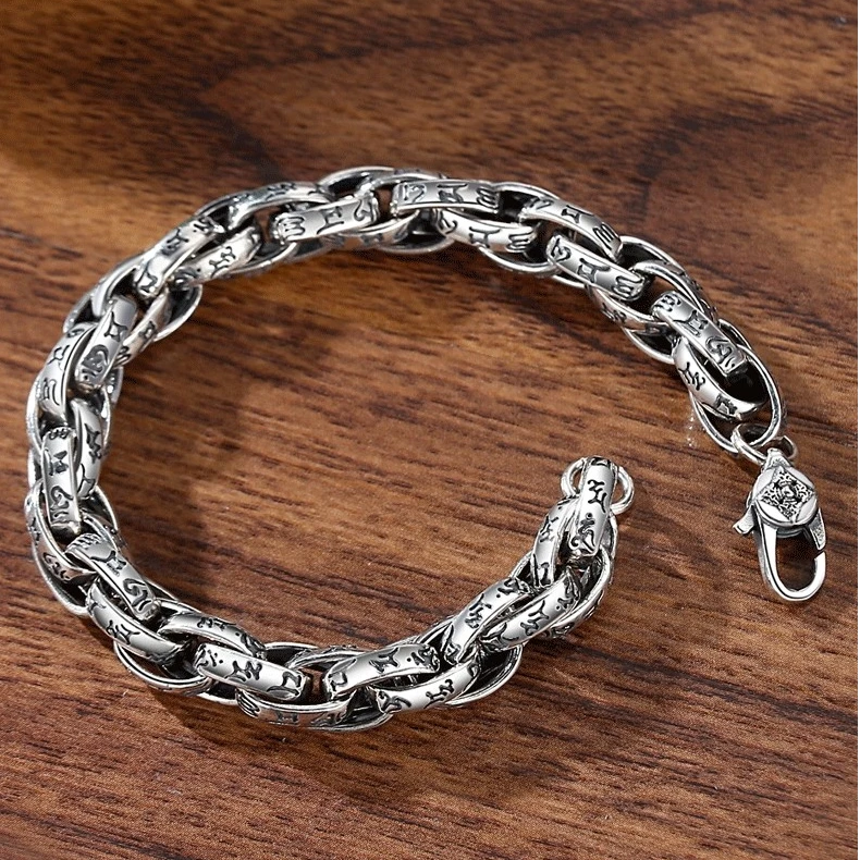 925银手链 S925银男士手链复古六字真言金刚扣手链时尚潮男银手链