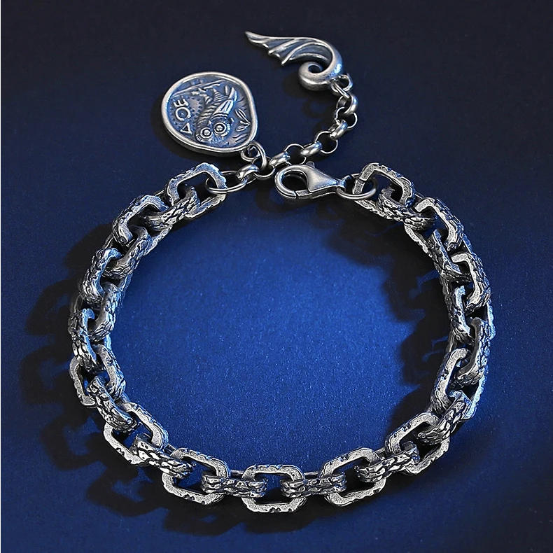 925银手链 纯银复古猫头鹰手链时尚裂纹手链岩石花纹个性银手链