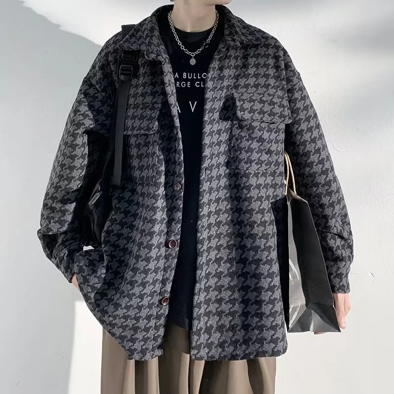 秋冬季呢子夹克男士韩系休闲ins潮流百搭高级感千鸟格子衬衣外套