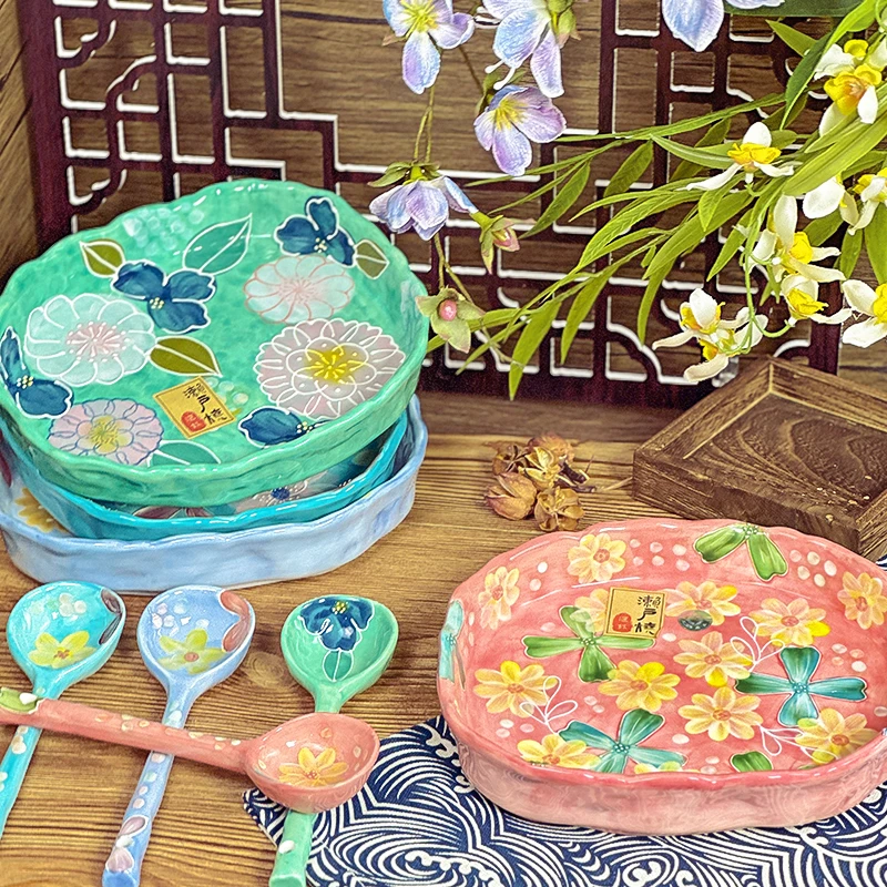 濑户烧陶瓷盘子家用8寸深盘手绘菜盘高温釉下彩椭圆手捏盘点心盘