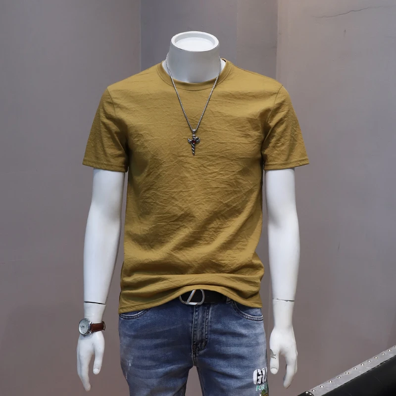 麻料光板圆领短袖t恤衫2025年夏季薄款简约百搭休闲男士上衣