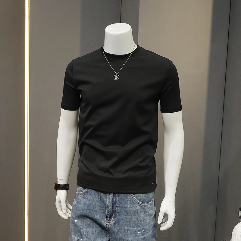 潮牌圆领短袖t恤男士2024夏季新款透气修身简约百搭纯色打底体恤