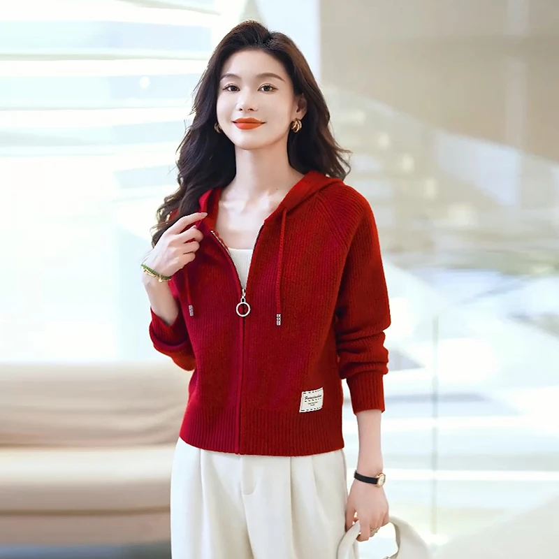 时尚连帽针织衫外套女毛衣开衫秋装2025新款女装休闲百搭短款春秋