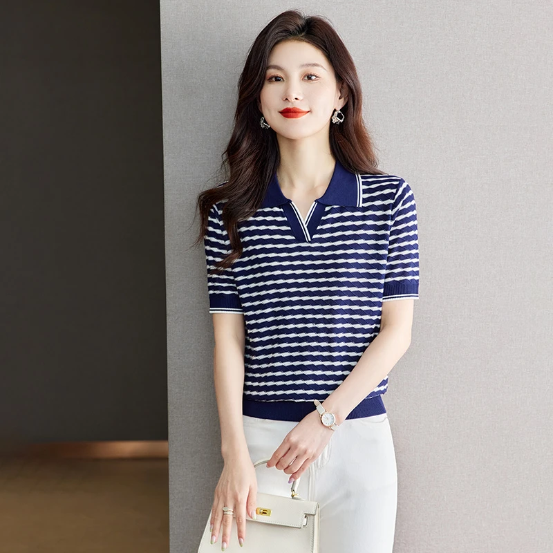 天丝翻领短袖t恤女夏装2025新款宽松遮肚显瘦条纹上衣薄款针织衫
