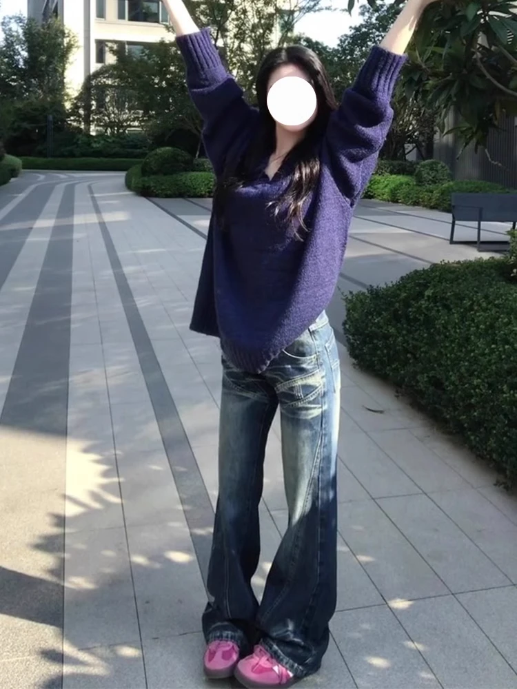 美式复古辣妹vibe微喇牛仔裤女秋冬季水洗低腰窄版阔腿拖地长裤潮